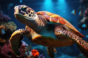 Naklejka na ściany i meble Marine turtle exploring deep corals., generative IA