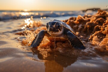 Baby turtle running to the sea., generative IA