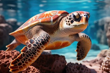 Marine turtle gracefully swimming in crystal clear waters., generative IA