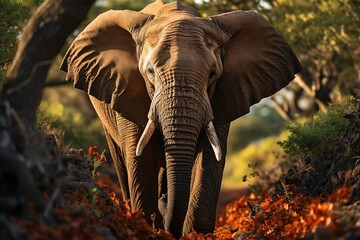 Elegant elephant reaches high leaves., generative IA