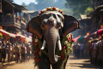 Asian elephant transporting wood in village., generative IA