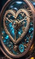 Fototapeta na wymiar A close-up view of a heart-shaped gear mechanism with a steampunk aesthetic, showcasing detailed metalwork and blue jewels