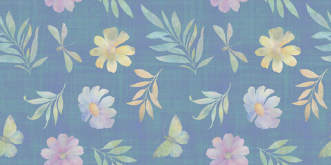 abstract butterfly and dragonfly background, delicate drawn flowers, seamless pattern, watercolor painting illustration, luxury wallpaper, premium modern design