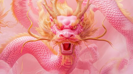 Pink Chinese dragon with gold accents close-up fluttering in the clouds