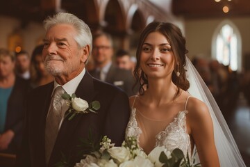 Radiant bride accompanied by her proud father during a wedding ceremony - Powered by Adobe