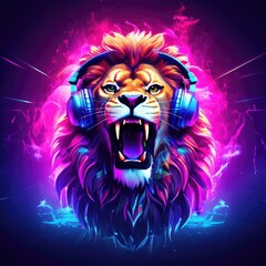 Cool lion with headphones listening to music and yawning. DJ, neon light, background, disco style atmosphere, disco art - obrazy, fototapety, plakaty