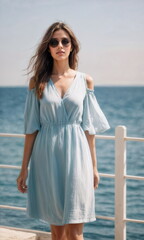 Fototapeta na wymiar A graceful woman in a flowing blue gown with a high slit stands on a rocky shore, her hair tousled by the sea breeze, as the sun sets over the ocean
