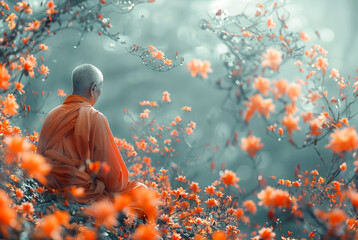 A Buddhist monk performs prayer and meditation in nature among flowers on Vesak holiday in honor of the birth, enlightenment and death of Buddha