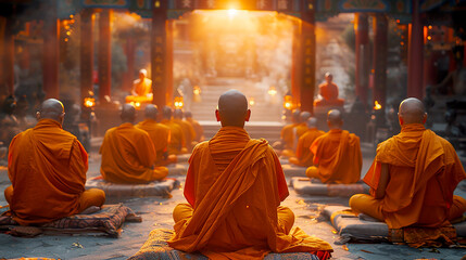 Buddhist monks in prayer in front of a Buddhist temple as a symbol of the Vesak holiday in honor of the birth, enlightenment and death of Buddha
