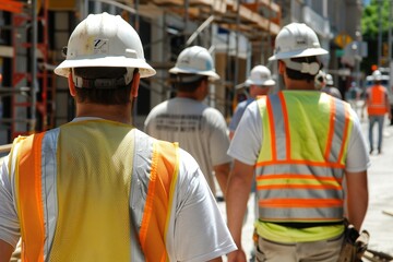 View from behind a group of men wearing safety vests and hard hats walk towards the building under construction on a sunny day