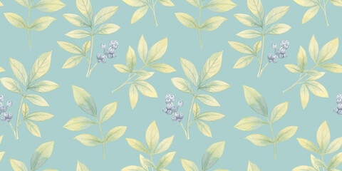 seamless botanical background of leaves, hand-drawn watercolor pattern, abstract illustration for wallpaper and packaging design, leaves on branches collected in an endless ornament