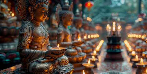 Lamps and candles in front of Buddha statues in a Buddhist temple on the Vesak holiday in honor of...
