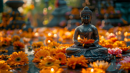 Buddha statue decorated with flowers in a Buddhist temple on Vesak holiday in honor of the birth, enlightenment and death of Buddha. Copy space - obrazy, fototapety, plakaty