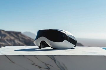 An elegantly placed virtual reality headset resting on a sleek marble surface with a clear blue sky and rocky terrain in the backdrop