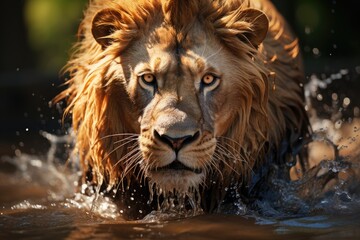 Fototapeta premium Majestic lion bathing, wet juba, shimmering river., generative IA