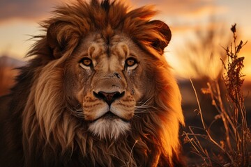 Naklejka premium Majestic lion in the sunset silhouette., generative IA