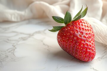 Close-up of a single, plump strawberry with fresh green leaves on an elegant marble surface, accompanied by a gentle drape of soft white fabric - obrazy, fototapety, plakaty