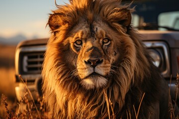 Naklejka premium Lion Curious investigates Safari vehicle in Savana., generative IA