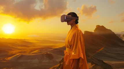 Poster A man stands before an awe-inspiring desert landscape under a sunset sky, deeply engaged in a VR simulation © Fxquadro
