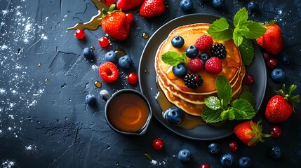  "Top View Summer Breakfast - Homemade Pancakes with Fresh Berries and Honey on Dark Concrete Background in Stock Photography"