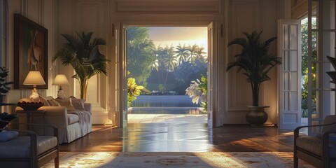 Serene corridor bathed in sunlight, inviting a peek into the adjacent space