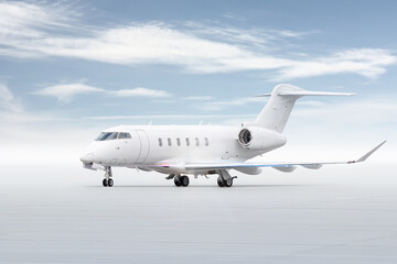 Modern white business jet isolated on bright background with sky