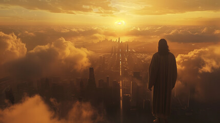 Jesus Christ Watches Over a Modern City at Dawn. Christianity and the Return of Jesus. - obrazy, fototapety, plakaty