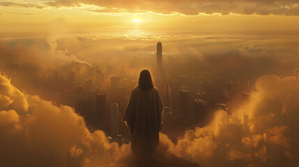 Jesus Christ Watches Over a Modern City at Dawn. Christianity and the Return of Jesus. - obrazy, fototapety, plakaty