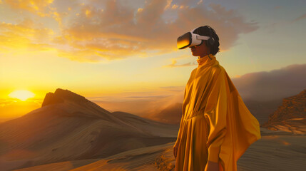 Captivating image of an individual in a desert at sunset, fully engaged with a virtual reality headset - obrazy, fototapety, plakaty