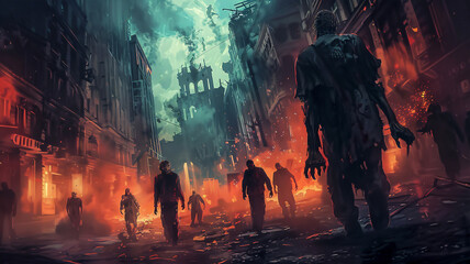 Fantasy Horror scene horde of zombies walking along road in the city - obrazy, fototapety, plakaty