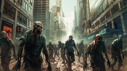 Fantasy Horror scene horde of zombies walking along road in the city - obrazy, fototapety, plakaty