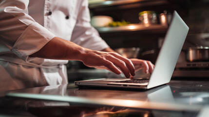 The cook reads the recipe online on his laptop in the kitchen.