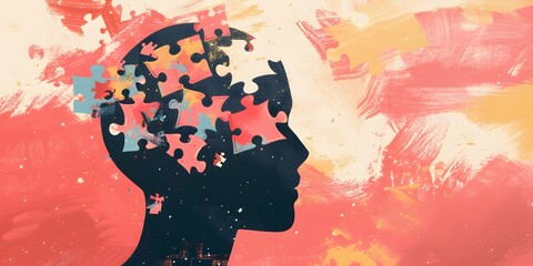 World Autism Awareness Day,banner,silhouette of human head on pink background consisting of pieces of colorful puzzles,place for text,concepts inclusivity,diversity,awareness and help,mental illness