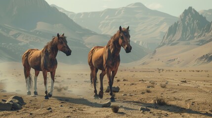 Horses roaming free in desert, majestic mountains in background, wild nature, tranquil, golden hour light
