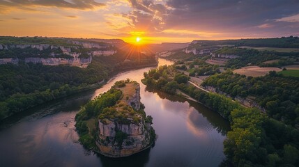 Embark on a journey through the picturesque landscapes of Dordogne, where the meandering river reflects the golden hues of sunset, Photography - obrazy, fototapety, plakaty