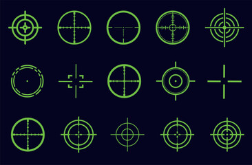 Sniper aim pointer. Focus sniper, sight military for shoot illustration. Target navigation, sniper weapon mark cursor, different focus military sight and focused eye shooting aims vector symbols set - obrazy, fototapety, plakaty