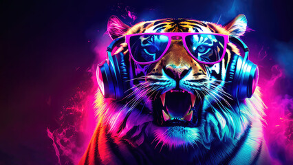 Cool tiger DJ with headphones listening to music and yawning. Neon light, background, disco style atmosphere, disco art