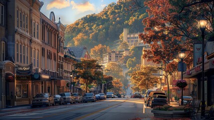 Experience the serene townscape of Hot Springs, Arkansas, USA, where the soft evening light bathes...