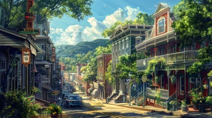 Poster de jardin Etats Unis Experience the timeless beauty of Hot Springs, Arkansas, USA, as the historic town streets exude an aura of tranquility and charm, Illustration