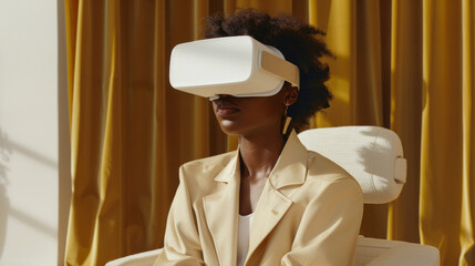 Elegantly dressed in a white suit, a woman is experiencing high-end virtual reality technology in a well-designed interior - obrazy, fototapety, plakaty