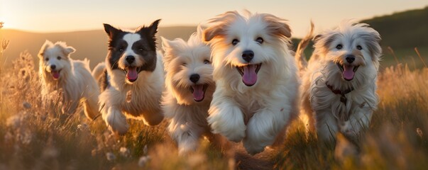 A lively group of furry friends joyfully frolics in a field. Concept Pets Photo Shoot, Pet Portraits, Pet Photography, Outdoor Pet Fun, Pet Playtime