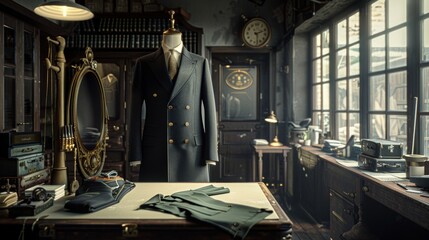 Vintage tailor shop, classic suit, craftsmanship, elegant, traditional, fashion, timeless