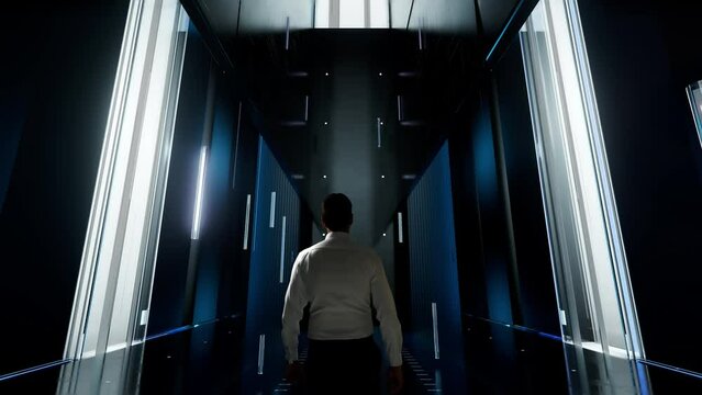 Tax Fraud. Man in Futuristic Office Interior Moving and Activating Hologram.
