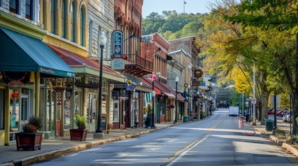 Deurstickers Explore the charming townscape of Hot Springs, Arkansas, USA, where historic buildings line the streets, adorned with colorful storefronts and inviting cafes © malik
