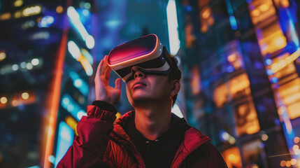 An adventurer stands against a backdrop of towering city structures while engrossed in a VR headset, blending reality with digital