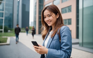 Fototapeta premium Asian Woman Using Smartphone Outdoors