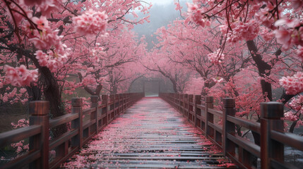 Beautiful pink cherry trees blooming extravagantly at the end of a wooden bridge in Park, Japan, Spring scenery of Japanese countryside with amazing sakura (cherry) blossoms. - obrazy, fototapety, plakaty