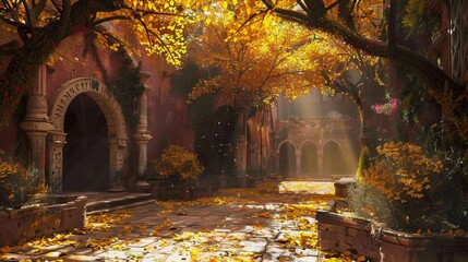 Explore the ethereal beauty of the Haghartsin monastery as shafts of golden sunlight filter through the dense canopy, casting a warm glow over the tranquil courtyard