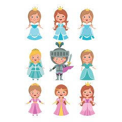 Set of cut little princess doll and knight on white background.