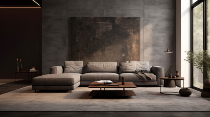 A modern living room with textured wall finishes featuring a grey sofa, a patterned rug, and a glass coffee table